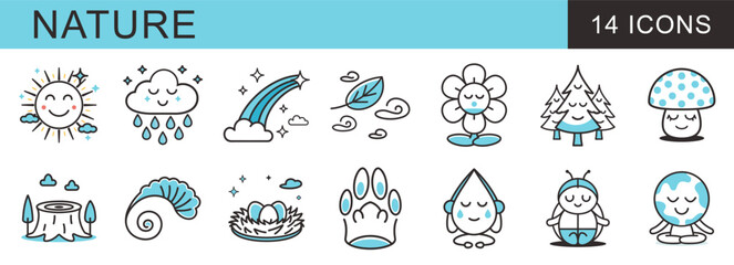 Set of 14 cute, minimalist icons representing Nature and ecology. Includes symbols for weather, plants, animals, and conservation with a meditation/zen theme and bright blue accents.