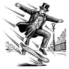 A humorous, vintage engraved illustration of a gentleman in a top hat and tuxedo performing an acrobatic skateboarding trick. A retro graphic blending classic Victorian style with extreme street sport