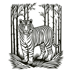 Majestic tiger standing alert in a forest clearing surrounded by bare trees and tall grass. Detailed vintage engraved illustration of this powerful wild cat for nature, conservation, and strength them