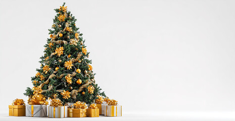 The image shows a beautifully decorated Christmas tree adorned with golden ribbons and ornaments. Around the base of the tree, there are several neatly wrapped gift boxes in gold and white, each tied 