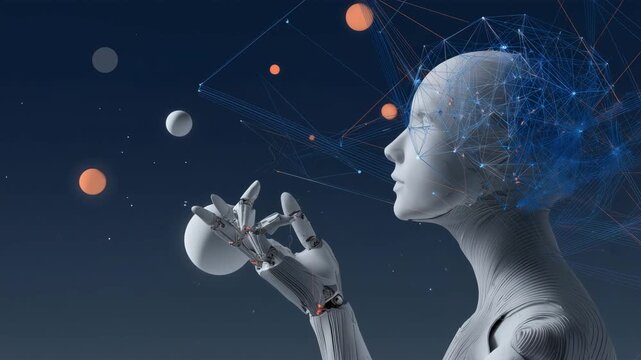 近未来のロボットが知性の象徴を見つめる図
