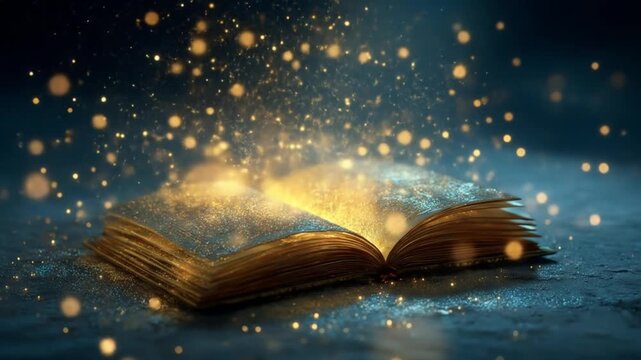 An open book rests on a blue surface, glows with golden sparks and magical dust, inviting dream now