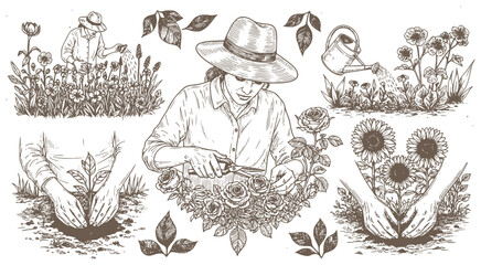 Detailed vintage-style engraving set illustrating gardening and farming. Scenes include a woman planting, watering, caring for flowers, holding soil and plants.