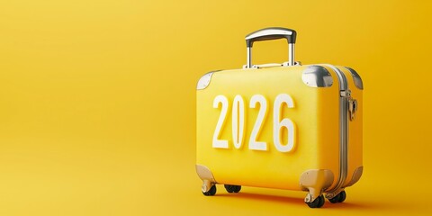 vibrant yellow travel suitcase with number 2026 on it against plain yellow background, banner with copy space. travel agency advertising, tourism campaigns, new year promotion, vacation, airline ads.