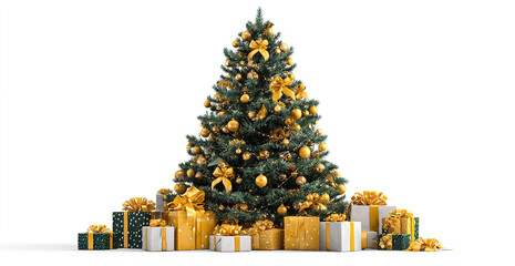The image shows a beautifully decorated Christmas tree adorned with golden ribbons and ornaments. Around the base of the tree, there are several neatly wrapped gift boxes in gold and white, each tied 
