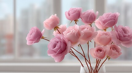 Macro Photo of Roses Arranged in Soft Pink Tones and Delicate Petals with Subtle Lighting in a Glass Vase