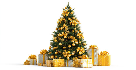 The image shows a beautifully decorated Christmas tree adorned with golden ribbons and ornaments. Around the base of the tree, there are several neatly wrapped gift boxes in gold and white, each tied 