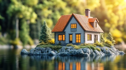 Miniature house on island in lake, tranquil forest background, realistic rendering. Use Stock photo for real estate, nature, or architectural imagery