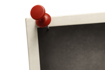 Red pushpin securing vintage instant print style frame with blank dark area to an invisible surface, transparent background