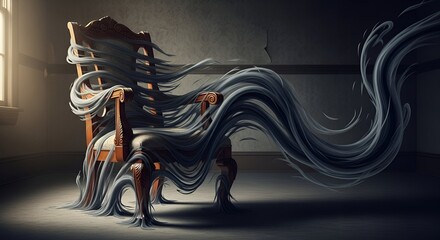 Surreal depiction of a wooden chair engulfed in a flowing, smoky, gray ethereal substance
