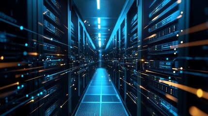 Dynamic data center hallway with glowing digital streams, representing fast information flow and advanced technology infrastructure.