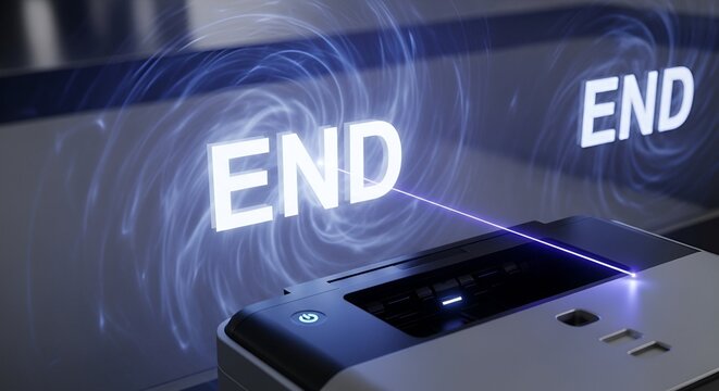 Futuristic scene with "END" projected and abstract swirls. A printer is featured