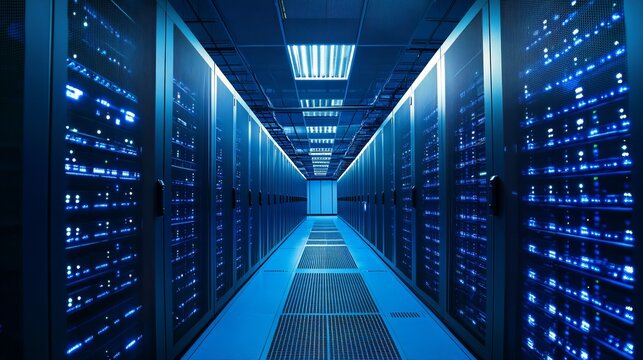Vast futuristic data center hallway glows with vibrant blue server lights, promising cutting edge technology solutions and powerful digital infrastructure for innovation.