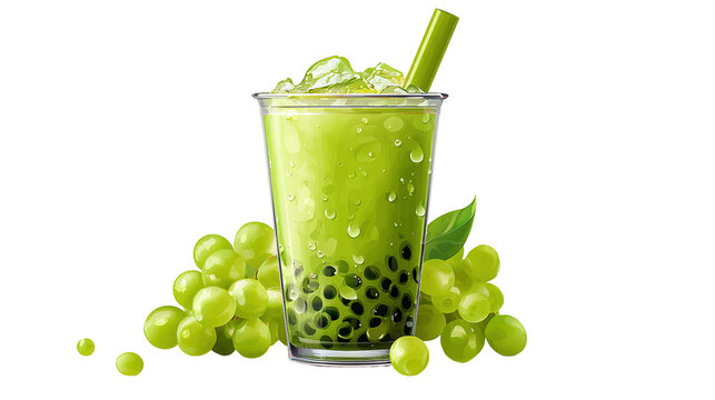 This is an image of a green bubble tea (boba drink). The drink is served in a transparent plastic cup filled with green tea or matcha-flavored milk tea, tapioca pearls (boba) at the bottom, ice cubes,