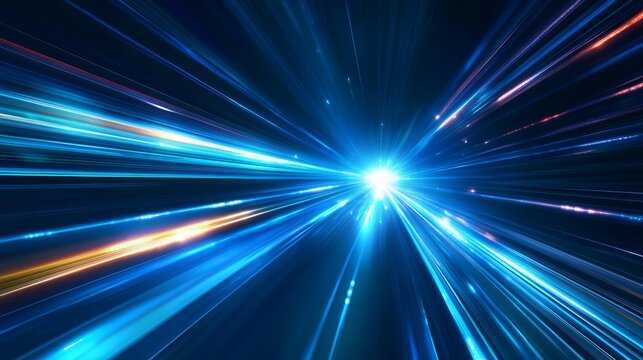Dynamic abstract blue light trails zoom into brilliant starburst creating sense of speed and futuristic innovation