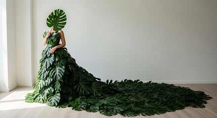 Naklejka premium Enigmatic Figure in Lush Green Monstera Leaf Gown with Dramatic Train.