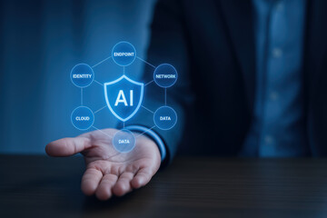 AI cybersecurity concept with threat defense elements protecting data network and identity in futuristic digital interface design