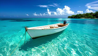 a boat floating on clear turquoise sea water with copy space