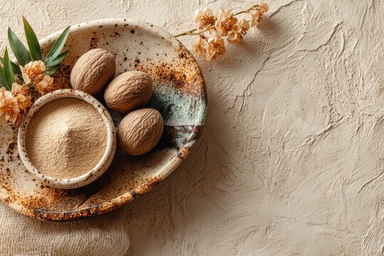 Whole nutmeg and finely ground nutmeg powder on a textured ceramic dish - Powered by Adobe