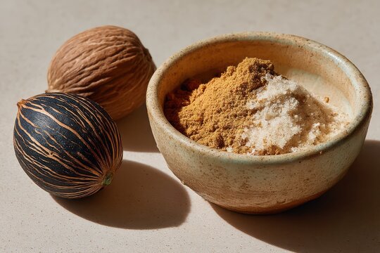 Whole nutmeg and grated spice in a rustic ceramic bowl - Powered by Adobe