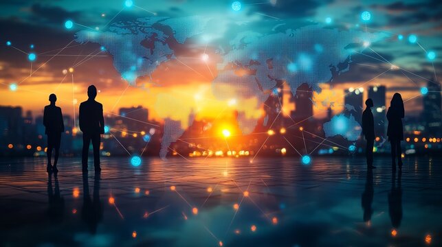 Diverse business professionals observe glowing global network map at vibrant sunset cityscape inspiring future connections and innovation