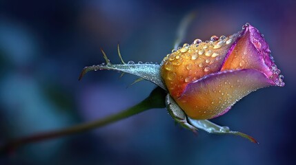 Unopened flower bud displays vibrant color transitions covered with clear spherical moisture droplets