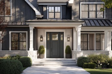 Fototapeta premium Entrance to a modern home with a gray door and stone accents.