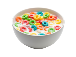 Colorful fruit cereal rings floating in milk bowl