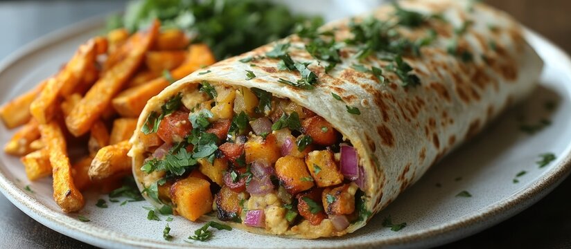 Sweet potato and chickpea burrito with sweet potato fries.