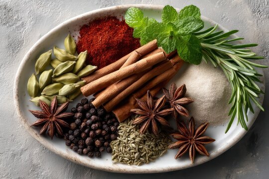A flat lay of assorted whole and ground spices and herbs on a white plate