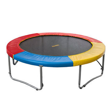 Round trampoline with colorful padding and metal frame isolated on transparent background