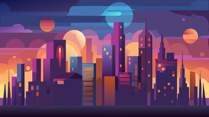 Fototapeta premium Futuristic night cityscape illustration featuring a striking skyline, abstract clouds, and multiple glowing moons/planets. Neon synthwave palette of purples, oranges, and blues. Sci-fi urban backgroun