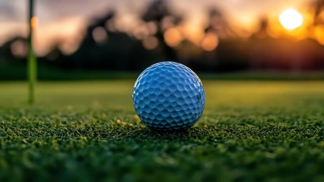 A close-up shot of a dimpled ball rests on green grass at sunset, with bokeh lights