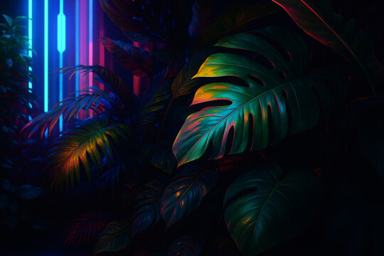 AI generated vibrant tropical foliage with neon lighting mysterious surreal and energetic atmosphere suitable for modern design art backgrounds and creative visuals - Powered by Adobe