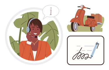 Customer support agent with headset, scooter for deliveries, and signed document symbolizing communication, logistics, and agreements. Ideal for business, e-commerce, services, support delivery