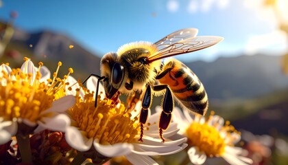 Close-up of a bee pollinating white and yellow flowers in bright sunlight with mountain background
