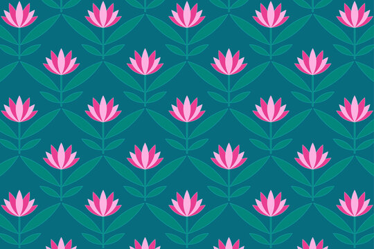 Seamless floral vector pattern with pink lotus. Lily flower illustration on teal background for print, textile, fabric, surface design, wallpaper, packaging, decor, fashion, branding, wrapping, cover.