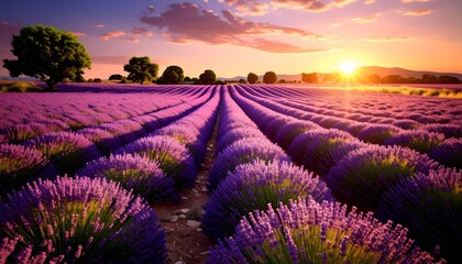 Lavender Field at Sunset with Purple Blooms and Green Trees in Rural Landscape