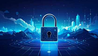 Digital Security Lock Cybersecurity Concept in Futuristic Urban Environment
