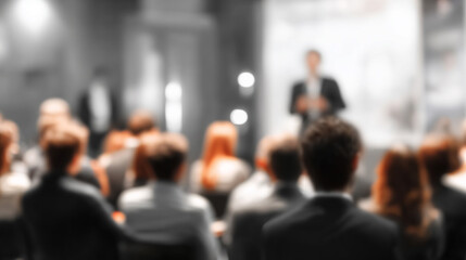 Blurred image of speaker standing on stage, large audience in modern conference room. Leadership concept, business presentation.