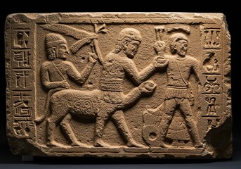 Detailed ancient carving on stone discovered during excavation, depicting historical narratives and mythological imagery from a forgotten era ,frieze ,scene ,structure