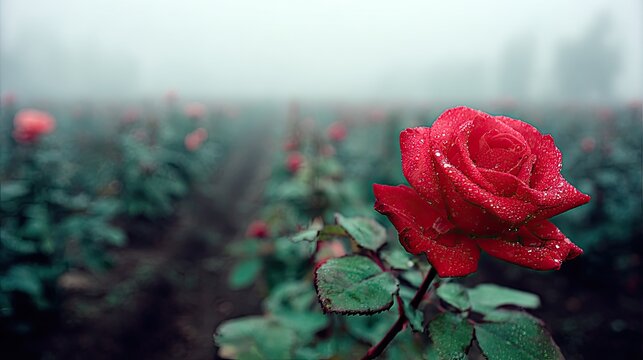 Single vibrant red rose covered in morning dew stands prominently in a foggy garden setting.