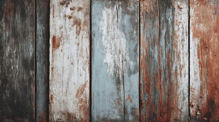 Obraz premium Weathered vertical wooden planks display a palette of faded, rustic colors.