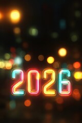 2026 formed by glowing yellow pink blue neon tubes, futuristic dark background, colorful bokeh lights, copy space for New Year party theme, event promotions, nightclub poster, festive digital banner