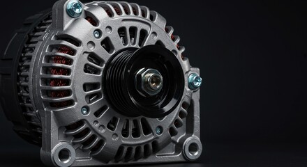 Detailed close-up view of a vehicle alternator with its pulley and housing. Essential component for charging the car battery. (132 characters) ,engine ,system ,car