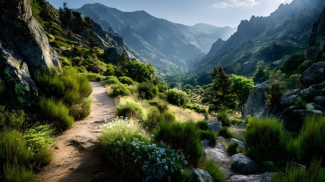 Winding dirt path traverses a lush, sunlit mountain valley landscape