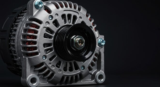 Detailed close-up view of a vehicle alternator with its pulley and housing. Essential component for charging the car battery. (132 characters) ,engine ,system ,car