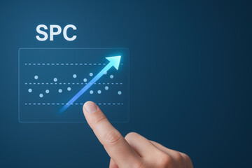 Machine learning concept applied across industries with SPC chart showing data points and upward trend arrow for quality control