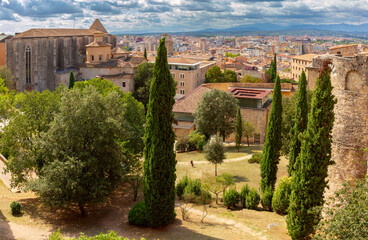 Panoramic city and monastery view in Girona Spain