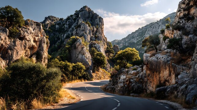 Winding asphalt road navigates through a deep gorge surrounded by rugged sunlit cliffs and dense green foliage